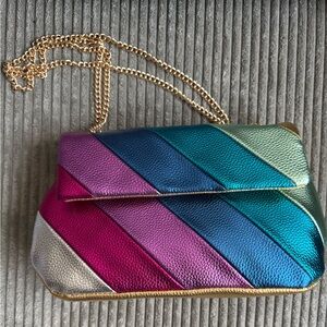 New metallic gold blue pink green silver chain Multicolor Striped Evening bag